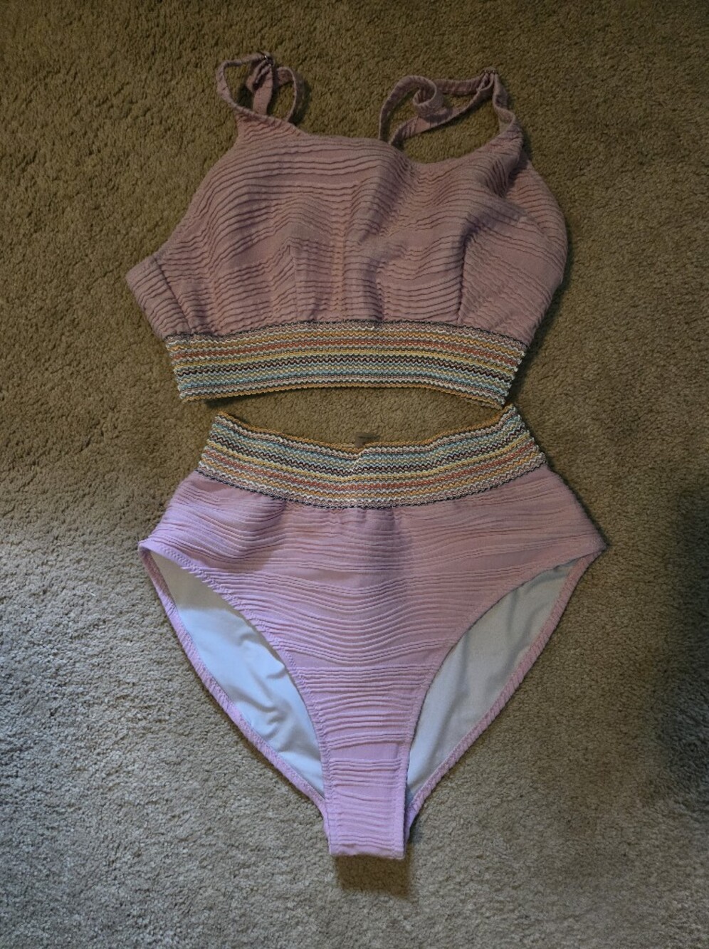Textured Pink Two-Piece Bikini with Rainbow Trim